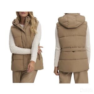 NOIZE Mavis Hooded Mid Length Puffer Vest Removable Hood Tan Brown Sz XL